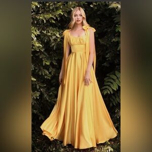 Sunlit Yellow Satin Maxi Dress with Tie-Shoulder Detail